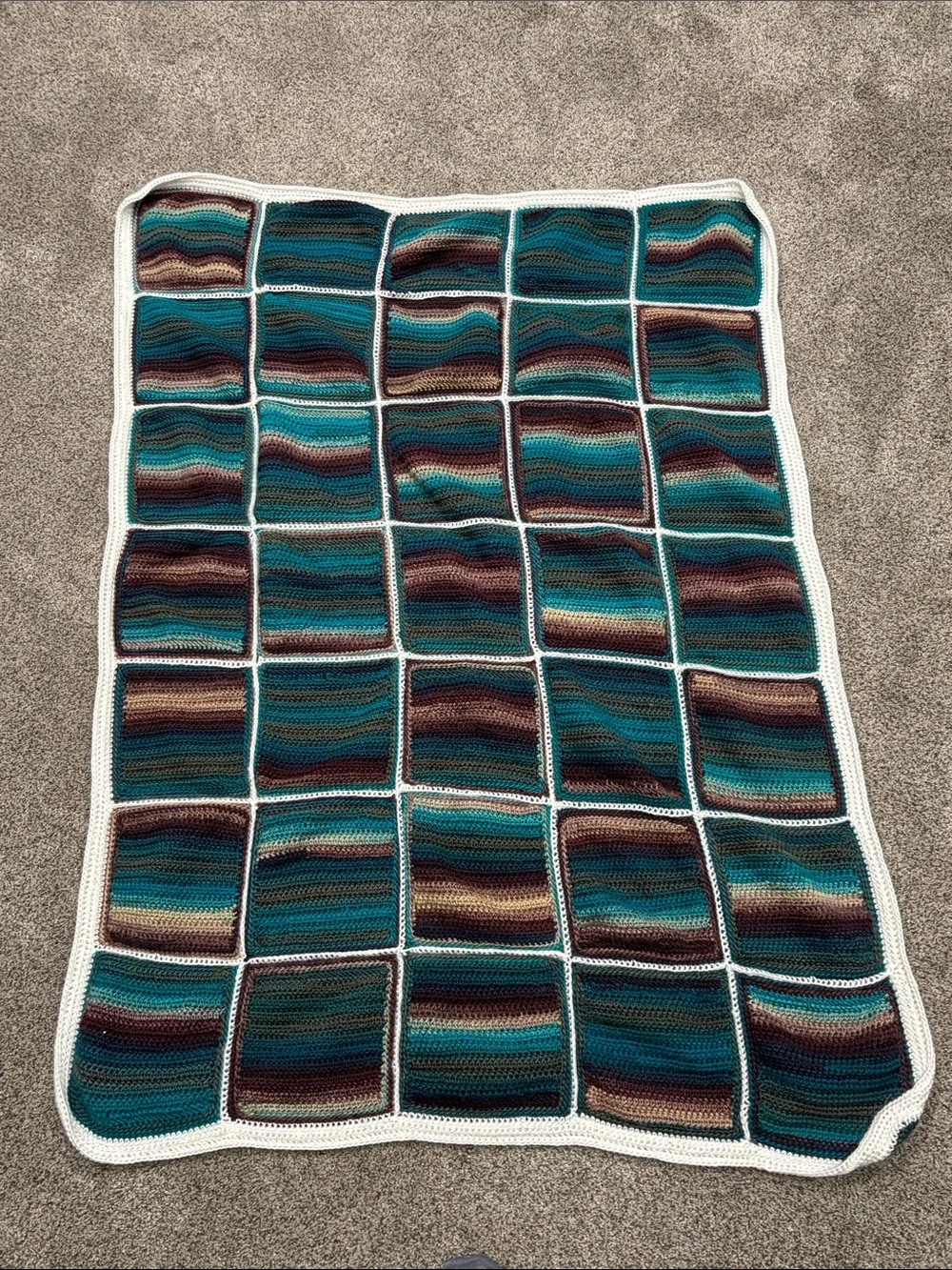 Handmade Crochet Patchwork Throw Blanket in Teal, Purple & Brown